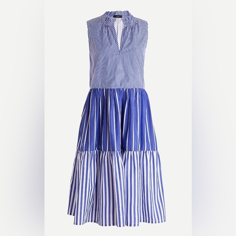 J. Crew royal blue and white sleeveless tiered popover dress in mixed stripe